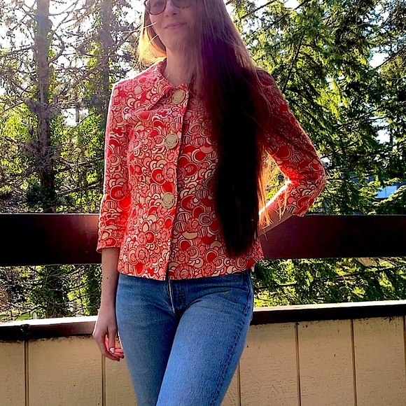 Vintage Anthracite orange white tan circle print LINEN blazer Woven buttons 6/S - Picture 16 of 16